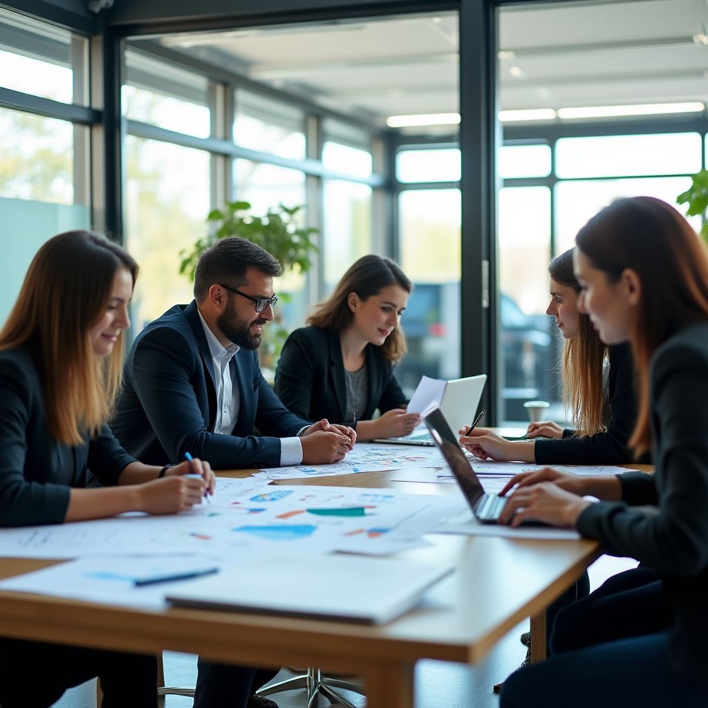 Equipo de consultores colaborando en una estrategia de negocio.